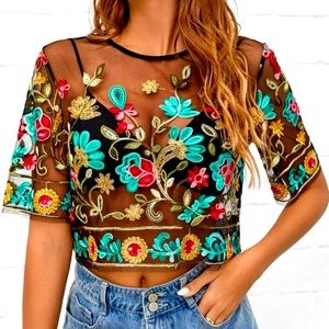 embroidered mesh crop top